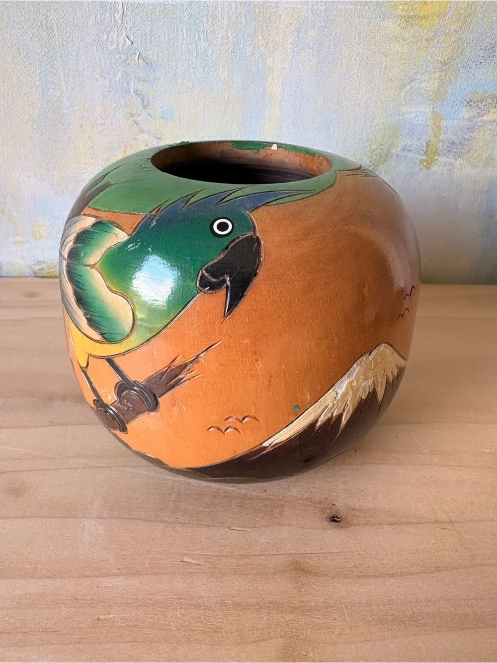 Vintage Latin American Hand-Carved Wooden Vase with Bird and Mountain Motif